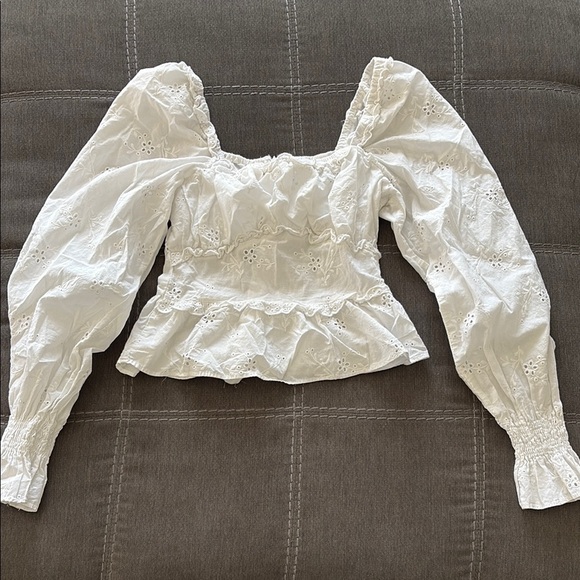 Divided Tops - Divided Cream Blouse with Bishop Sleeves and Ruffled Peplum. XS